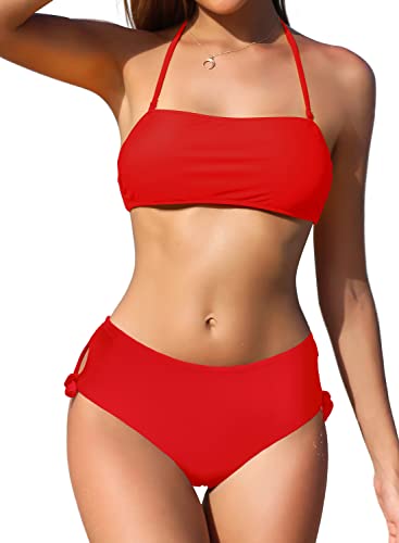 SHEKINI Damen Bikini Set Rückenfrei Bandeau Verstellbarer Neckholder Bikinioberteil Elegant Zweiteiliger Badeanzug Hohe Taille Bikinihose Bademode(Small, Rot) von SHEKINI