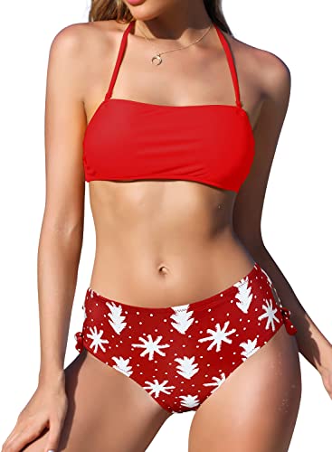 SHEKINI Damen Bikini Set Rückenfrei Bandeau Verstellbarer Neckholder Bikinioberteil Elegant Zweiteiliger Badeanzug Hohe Taille Bikinihose Bademode(XL,Rot-Y) von SHEKINI