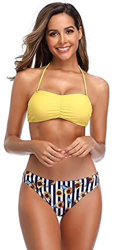 SHEKINI Damen Bikini Set Rückenfrei Bandeau Verstellbarer Neckholder Zweiteiliger Badeanzug für Frauen Triangel Niedrige Taille Gedruckt Bikinihose Bademode(X-Large, Gelb) von SHEKINI