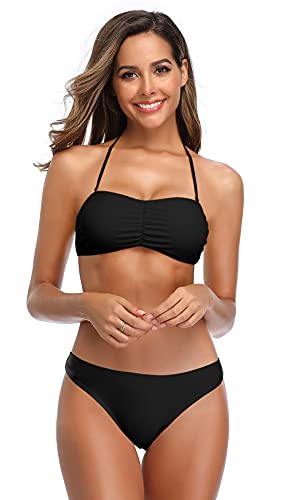 SHEKINI Damen Bikini Set Rückenfrei Bandeau Verstellbarer Neckholder Zweiteiliger Badeanzug für Frauen Triangel Niedrige Taille Gedruckt Bikinihose Bademode (XL, Schwarz S) von SHEKINI