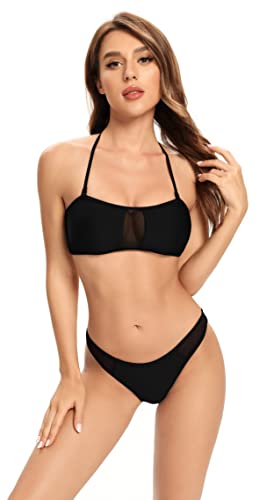 SHEKINI Damen Bikini Set Rückenfrei Neckholder Bandeau Zweiteiliger Badeanzug Triangel Low Waist Bikinihose Bademode (XS,Schwarz) von SHEKINI