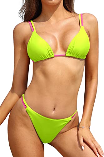 SHEKINI Damen Bikini Set Rückenfrei Triangel Ties-up Bikinioberteil Farbkontrast Zweiteiliger Badeanzug mit Low Rise Bikinihose Bademode (L,Fluoreszierendes Gelb) von SHEKINI