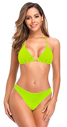 SHEKINI Damen Bikini Set Rückenfrei Verstellbar Ties up Plissee Klassischer Triangel Bikinioberteil Zweiteiliger Badeanzug Niedrige Taille Bikinihose Bademode（L,Fluoreszierendes Gelb-B von SHEKINI