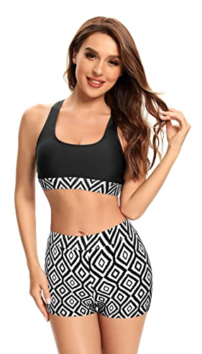 SHEKINI Damen Bikini Set Tanktop Racerback Niedriger Kragen Sport Crop Bikinioberteil Zweiteiliger Badeanzug mit Boxershorts Sportliche Bademode （M,Schwarz von SHEKINI