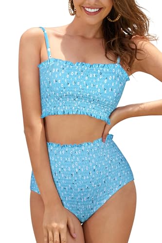 SHEKINI Damen Bikini Set Texturierte Bandeau Crop Top Bikinioberteil High Waist Bauchweg Bikinihose Ruched Zweiteiliger Badeanzug Strandmode（L,Hellblau） von SHEKINI