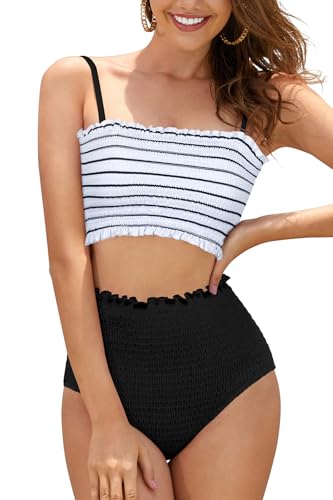 SHEKINI Damen Bikini Set Texturierte Bandeau Crop Top Bikinioberteil High Waist Bauchweg Bikinihose Ruched Zweiteiliger Badeanzug Strandmode（M,Streifen Muster） von SHEKINI