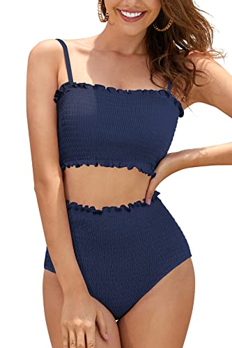 SHEKINI Damen Bikini Set Texturierte Bandeau Crop Top Bikinioberteil High Waist Bauchweg Bikinihose Ruched Zweiteiliger Badeanzug Strandmode（XS,Dunkelblau） von SHEKINI