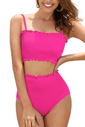 SHEKINI Damen Bikini Set Texturierte Bandeau Crop Top Bikinioberteil High Waist Bauchweg Bikinihose Ruched Zweiteiliger Badeanzug Strandmode（XXL,Fluoreszierendes Rosa） von SHEKINI
