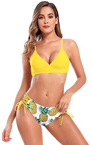 SHEKINI Damen Bikini Set Tief-V Ausschnitt Verstellbar Neckholder Bikinioberteil mit Drucken Hohe Taille Bauchweg Bikinihose Retro Zweiteiliger Badeanzug (S, Zitronengelb) von SHEKINI