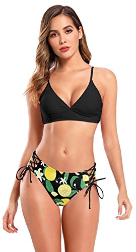 SHEKINI Damen Bikini Set Tief-V Ausschnitt Verstellbar Neckholder Bikinioberteil mit Hohe Taille Bauchweg Bikinihose Retro Zweiteiliger Badeanzug (XL, Schwarz) von SHEKINI