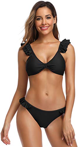 SHEKINI Damen Bikini Set Tiefer V-Ausschnitt Rückenfrei Rüsche Dekoration Verstellbarer Schultergurt Bikinioberteil Zweiteiliger Badeanzug Niedrige Taille Bikinihose (Small, Schwarz) von SHEKINI