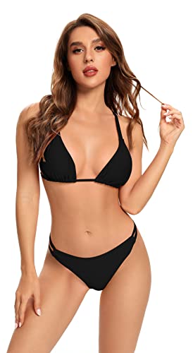 SHEKINI Damen Bikini Set Ties-up Rückenfrei Triangel Bikinioberteil Zweiteiliger Badeanzug Triangel Bikinihose Bademode Strandkleidung(XL,Schwarz C) von SHEKINI