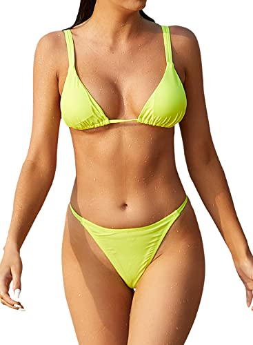 SHEKINI Damen Bikini Set Ties-up Rückenfrei Verstellbar Triangel Bikinioberteil Zweiteiliger Badeanzug Sexy Low Rise Tanga Bikinihose Bademode （L,Fluoreszierendes Gelb von SHEKINI