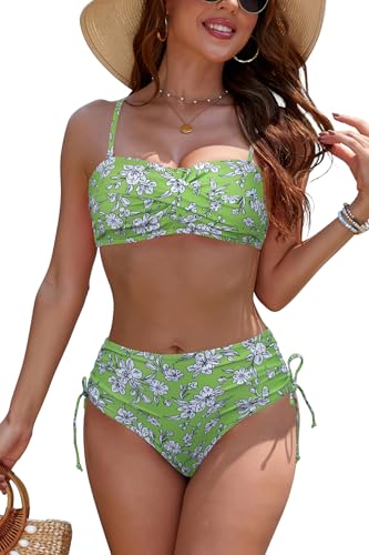 SHEKINI Damen Bikini Set Twist Front Strapless Bandeau Badeanzug Top mit seitlicher Krawatte Badeanzug Bottom von SHEKINI
