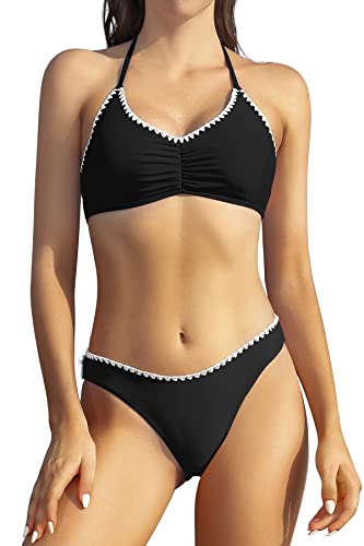 SHEKINI Damen Bikini Set U-Ausschnitt Push Up Neckholder Rückenfrei Bikinioberteil Zweiteiliger Badeanzug mit Triangel Bikinihose Bademode (L,Schwarz) von SHEKINI