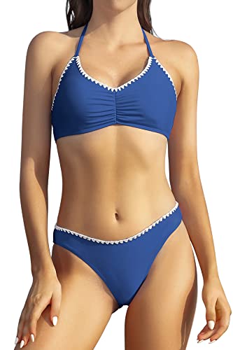 SHEKINI Damen Bikini Set U-Ausschnitt Push Up Neckholder Rückenfrei Bikinioberteil Zweiteiliger Badeanzug mit Triangel Bikinihose Bademode (M,Lake Blue) von SHEKINI