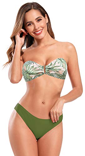 SHEKINI Damen Bikini Set U-Ring Rückenfrei Elegant Bandeau Verstellbarer Ties-up Gedruckt Bikinioberteil Zweiteiliger Badeanzug Niedrige Taille Triangel Bikinihose Bademode (Grün Y, S) von SHEKINI