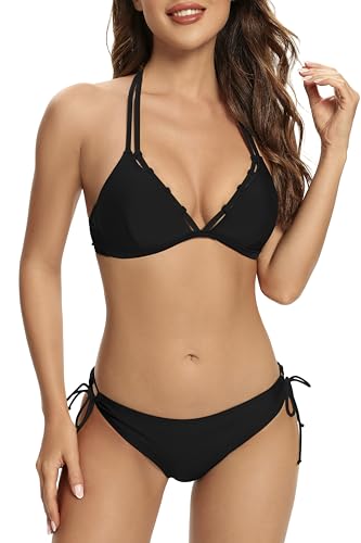 SHEKINI Damen Bikini Set V-Ausschnitt Neckholder Bikinioberteil Rückenfrei Zweiteiliger Badeanzug Triangel Bikinihose(Schwarz,S) von SHEKINI