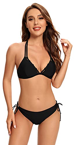 SHEKINI Damen Bikini Set V-Ausschnitt Neckholder Bikinioberteil Rückenfrei Zweiteiliger Badeanzug Triangel Bikinihose(Schwarz,S) von SHEKINI