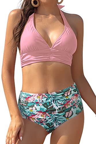 SHEKINI Damen Bikini Set V-Ausschnitt Neckholder Verstellbar Bikinioberteil Retro Zweiteiliger Badeanzug mit Ruched Hohe Taille Bauchweg Bikinihose (L, Rosa von SHEKINI