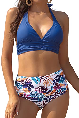 SHEKINI Damen Bikini Set V-Ausschnitt Neckholder Verstellbar Bikinioberteil Retro mit Ruched Hohe Taille Bauchweg Bikinihose Zweiteiliger Badeanzug (L, Lake Blue) von SHEKINI