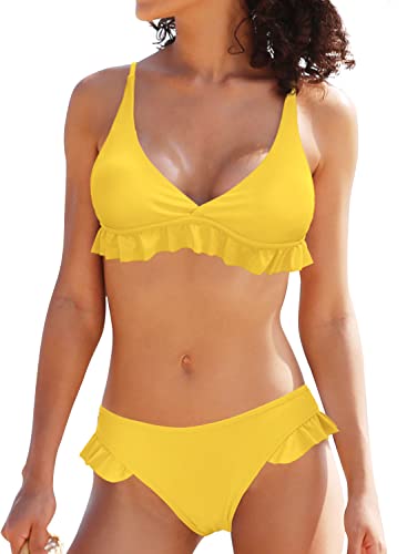 SHEKINI Damen Bikini Set V-Ausschnitt Verstellbarer Niedlich Rüsche Design Bikinioberteil Gedruckt Zweiteiliger Badeanzug Triangle Bikinihose Bademode Strandmode von SHEKINI