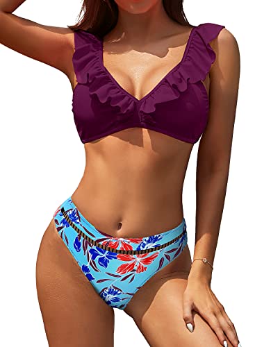 SHEKINI Damen Bikini Set V Ausschnitt Volant Rückenfrei Elegant Bikinioberteil Zweiteiliger Bikini mit Niedrige Taille Cutout Gedruckt Bikinihose (L,Violett) von SHEKINI