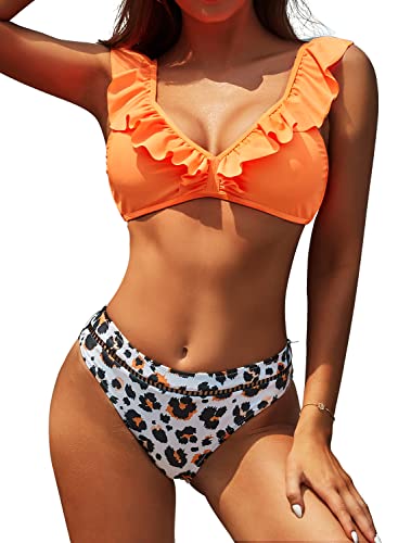 SHEKINI Damen Bikini Set V Ausschnitt Volant Rückenfrei Elegant Bikinioberteil Zweiteiliger Bikini mit Niedrige Taille Cutout Gedruckt Bikinihose (M,Fluoreszierendes Orange) von SHEKINI