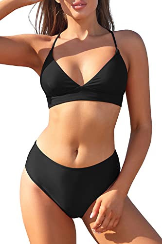 SHEKINI Damen Bikini Set V-Ausschnitt einstellbar Schnüren Bikini Oberteil Sexy Zweiteiliger Badeanzug mit high Waist Bauchweg Bikinihose Badeanzug (L,Schwarz) von SHEKINI