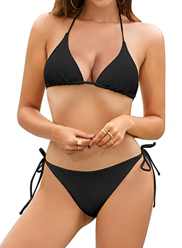 SHEKINI Damen Bikini Set Verstellbar Neckholder Triangel Bikinioberteil mit Low Waist Schnürung Tanga Bikinihose Zweiteiliger Badeanzug（L，schwarz） von SHEKINI