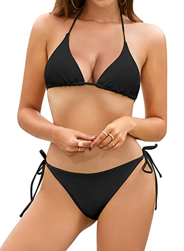 SHEKINI Damen Bikini Set Verstellbar Neckholder Triangel Bikinioberteil mit Low Waist Schnürung Tanga Bikinihose Zweiteiliger Badeanzug（XL，schwarz） von SHEKINI