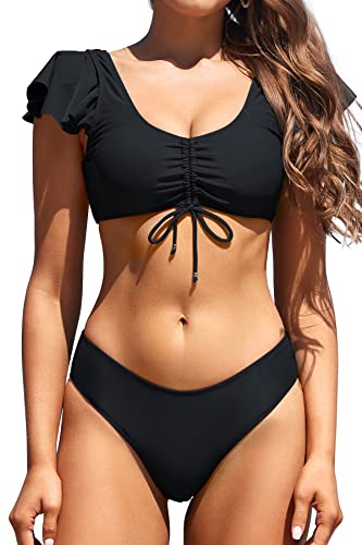 SHEKINI Damen Bikini Set Verstellbarer Kordelzug Ties-up Bikinioberteil Triangel Bikinihose Elegant Zweiteilige Badeanzug (XL, Schwarz) von SHEKINI