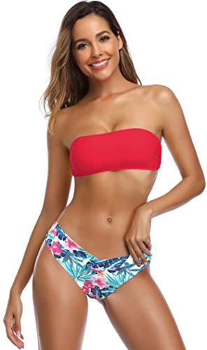 SHEKINI Bikini Set Damen Verstellbar Bandeau Bikini Oberteil Rückenfrei Zweiteiliger Badeanzug Bedruckte Bikinihose (Small, B-Rot) von SHEKINI