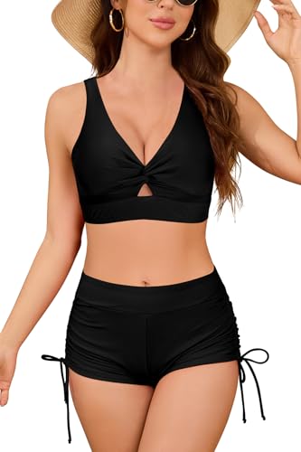 SHEKINI Damen Bikini-Sets mit hoher Taille Twist Front Bralette Badeanzüge Pull-on Badeanzüge(S,Schwarz) von SHEKINI