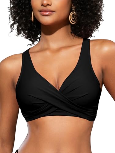SHEKINI Damen Bikini Top Crossover V-Ausschnitt Plissee Rückenfrei Verstellbar Push Up Beachwear, Schwarz A, Large von SHEKINI
