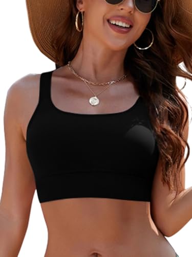 SHEKINI Damen Bikini Top Gepolstert Sport BH verstellbaren Trägern Bauchfreies Schwimmoberteil mit U-Ausschnitt für Strand Pool und Wassersport von SHEKINI