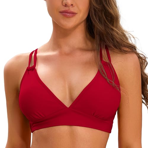 SHEKINI Damen Bikini Top Gepolstert V-Ausschnitt Triangel Criss Cross Back Push up Bikinioberteil Bademode von SHEKINI