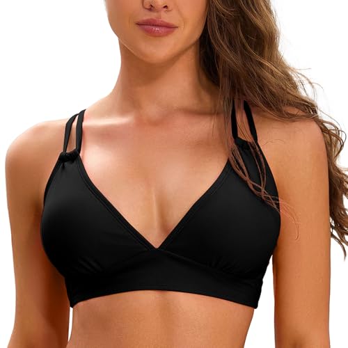 SHEKINI Damen Bikini Top Gepolstert V-Ausschnitt Triangel Criss Cross Back Push up Bikinioberteil Bademode von SHEKINI