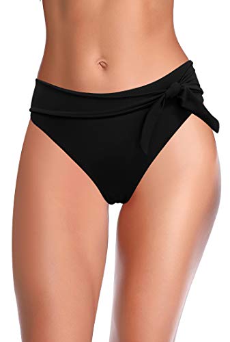 SHEKINI Damen Bikini Unterteil Knoten Badeanzug Klassischer Slip Mid Waist Tie Badeanzug Unterteil, Schwarz, S von SHEKINI