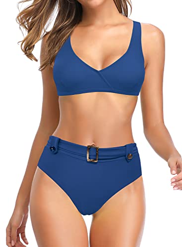 SHEKINI Damen Bikini V Ausschnitt Weste Sportlich Bikini Oberteil High Waist bauchweg Bikini Bottoms Bademode (Lake Blue,M) von SHEKINI