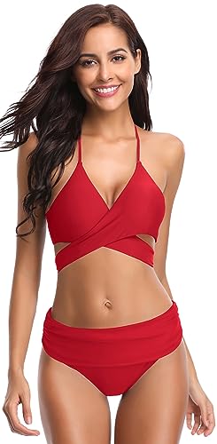 SHEKINI Damen Dunkle Farbe Geteilter Badeanzug Push up Bikini Set Neckholder Bikini Oberteil Mit High Waist Bikini Bottom Damen Badeanzug Sport Zweiteiliger Badeanzug （S, Rot von SHEKINI