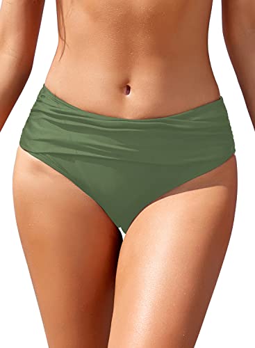 SHEKINI Damen Bikinihose, gerüscht, massiv, mittlere Taille, Bauchkontrolle, Badehose, olivgrün, L von SHEKINI