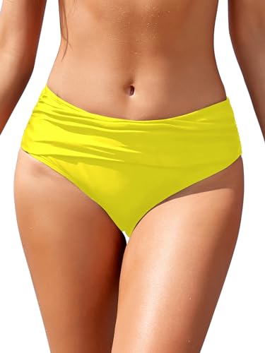 SHEKINI Damen-Bikinihose, gerüscht, mittlere Taille, Bauchkontrolle, Badehose, gelb, M von SHEKINI