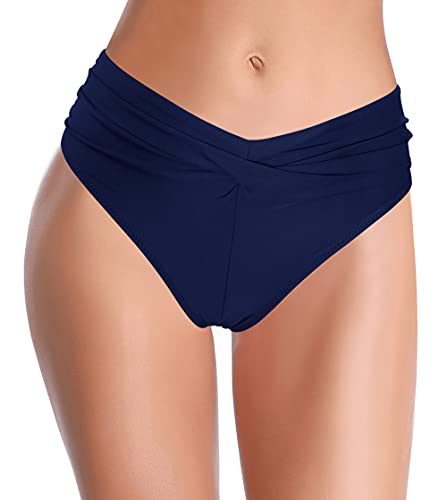 SHEKINI Damen Bikinihose Badeanzug Retro Schwarze Badeshorts Ruched Damen Klassisch Mäßige Abdeckung Badehose（XL, Dunkelblau D） von SHEKINI