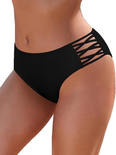 SHEKINI Damen Bikinihose Bauchweg Mittlere Taille Bikinihosen Strappy Cutout Strandhose Bikini Bottom mit Riemchen Badehose Klassisch Bikini Slip für Frauen von SHEKINI
