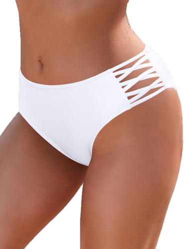 SHEKINI Damen Bikinihose Bauchweg Mittlere Taille Bikinihosen Strappy Cutout Strandhose Bikini Bottom mit Riemchen Badehose Klassisch Bikini Slip für Frauen von SHEKINI
