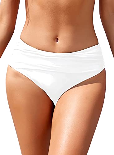 SHEKINI Frauen Ruched Bikinihosen Mittelhohe Badehose Verstecken Bauch Briefs Hipster Damen Klassisch Mäßige Abdeckung Badehose Shorts (L, Weiß) von SHEKINI