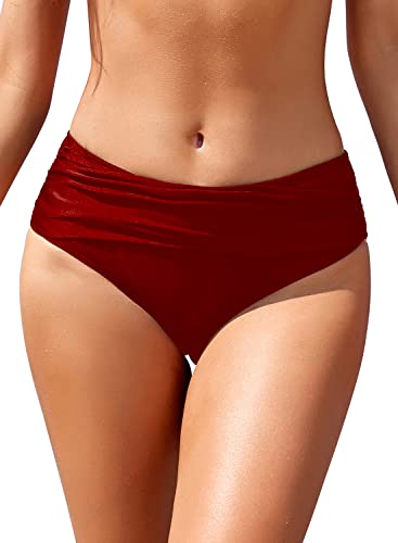 SHEKINI Frauen Ruched Bikinihosen Mittelhohe Badehose Verstecken Bauch Briefs Hipster Damen Klassisch Mäßige Abdeckung Badehose Shorts (S, Weinrot) von SHEKINI