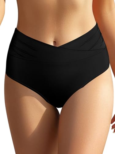 SHEKINI Damen Bikinihose High Waist Abdominal Kontrolle Bauchweg Cross Ruched Retro Badehose Bikini Hose （Schwarz，M） von SHEKINI