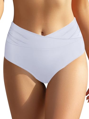 SHEKINI Damen Bikinihose High Waist Abdominal Kontrolle Bauchweg Cross Ruched Retro Badehose Bikini Hose （Weiß，M） von SHEKINI